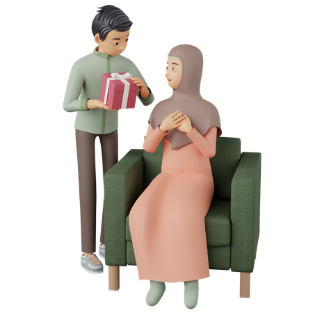 Homme musulman présentant un cadeau à sa femme  3D Illustration