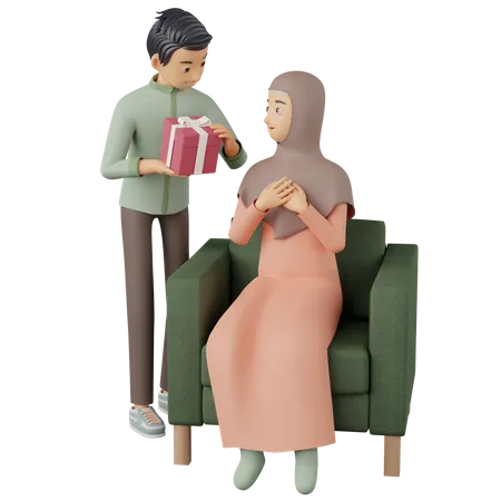 Homme musulman présentant un cadeau à sa femme  3D Illustration