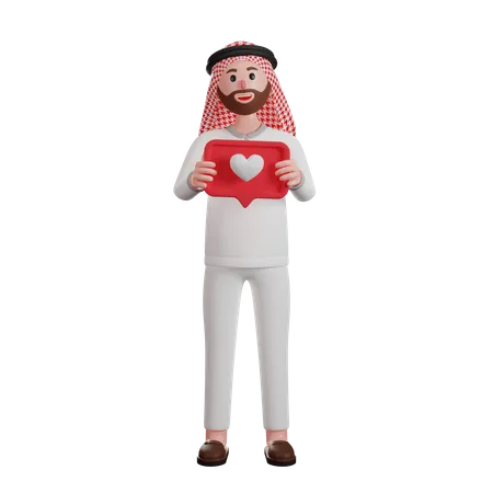 Homme musulman tenant une pancarte coeur  3D Illustration