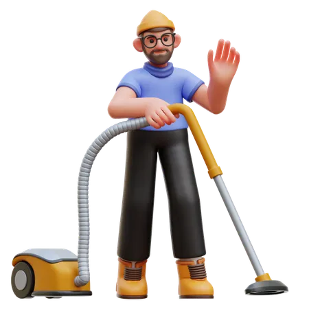 Homme nettoyant avec un aspirateur  3D Illustration