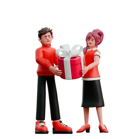 Un homme offre un cadeau de Saint-Valentin à une femme  3D Illustration