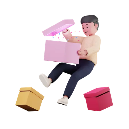 Homme, boîte cadeau ouverte  3D Illustration