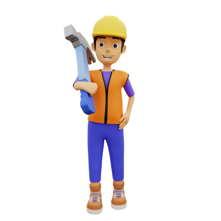 Ouvrier du bâtiment masculin tenant un marteau  3D Illustration
