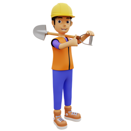 Ouvrier du bâtiment masculin tenant une pelle à creuser  3D Illustration