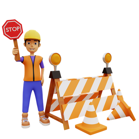 Travailleur de la construction mâle tenant un panneau d'arrêt  3D Illustration