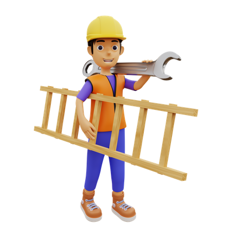 Ouvrier du bâtiment masculin tenant une échelle et une clé  3D Illustration