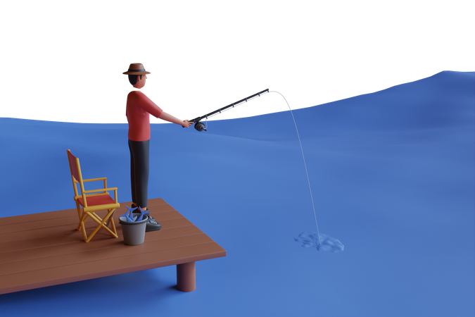 Homme pêchant dans le lac  3D Illustration