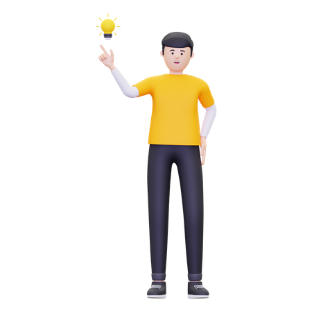 Homme pointant l'ampoule  3D Illustration