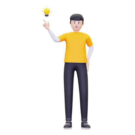 Homme pointant l'ampoule  3D Illustration