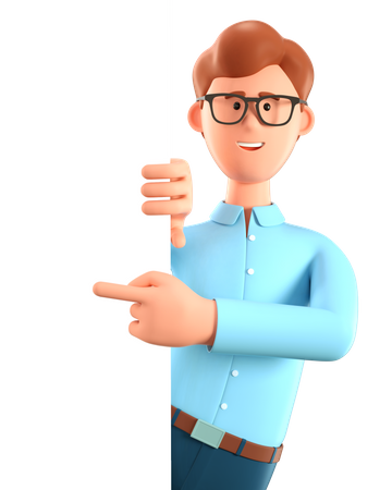 Homme pointant le doigt sur un panneau d'information vierge  3D Illustration