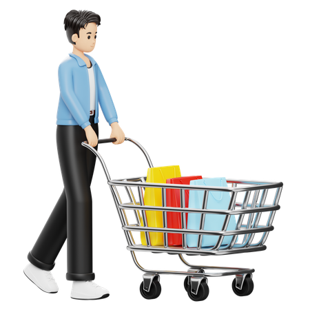 Homme portant des sacs dans un chariot  3D Illustration