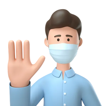 Homme portant un masque médical et montrant un geste d'arrêt de la main  3D Illustration
