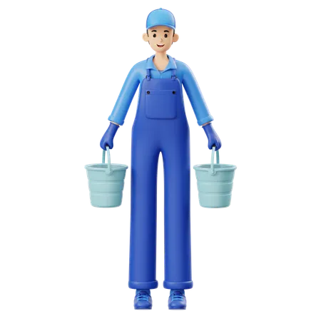 Homme portant un seau d'eau  3D Illustration