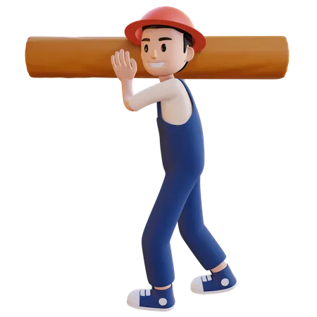 Homme portant un tuyau en bois sur l'épaule  3D Illustration
