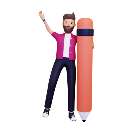 Homme posant à côté d'un crayon  3D Illustration