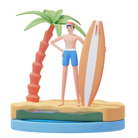 L'homme se prépare à surfer  3D Illustration