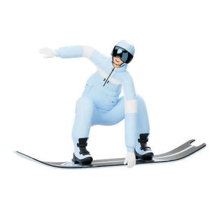 Un homme profite d'une glissade en snowboard  3D Illustration