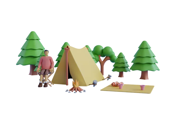 Homme appréciant le camping en forêt  3D Illustration