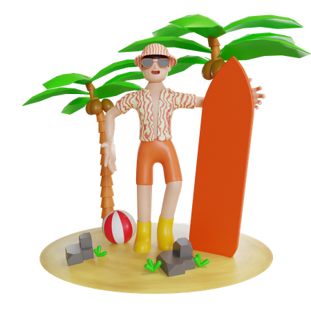 Homme appréciant sur l'île avec la tenue de la planche de surf  3D Illustration