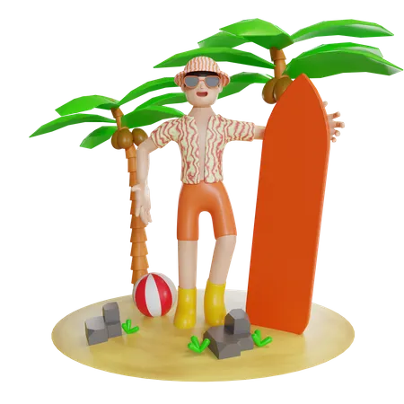 Homme appréciant sur l'île avec la tenue de la planche de surf  3D Illustration