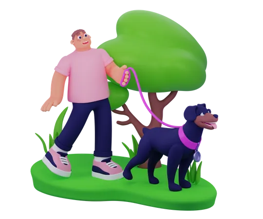 Homme qui marche avec un chien  3D Illustration