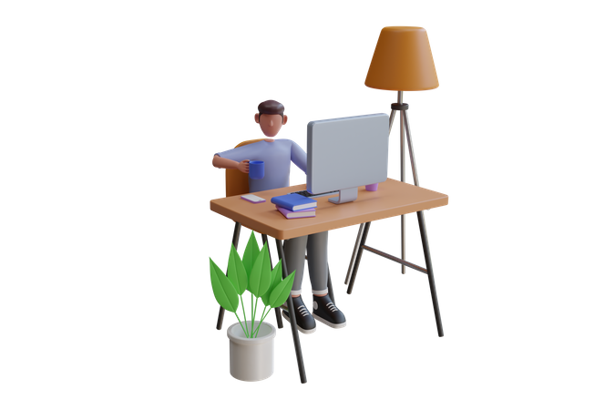 Homme qui travaille sur un ordinateur portable au bureau  3D Icon