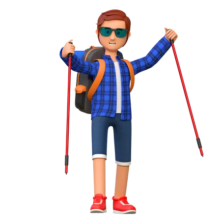 Homme randonnée montagne avec bâtons de randonnée  3D Illustration