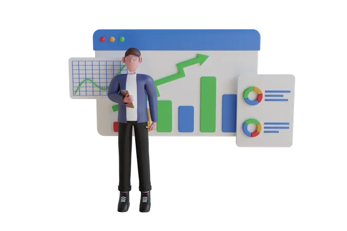 Homme recherchant un tableau de bord d'entreprise avec des graphiques et des infographies  3D Illustration