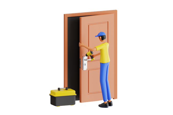 Homme réparant la porte  3D Illustration