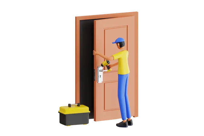 Homme réparant la porte  3D Illustration