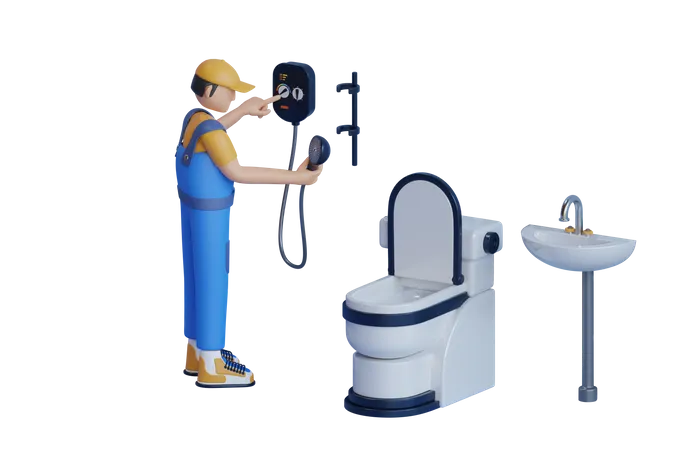 Homme réparant et remplaçant le robinet de douche dans la salle de bains  3D Illustration