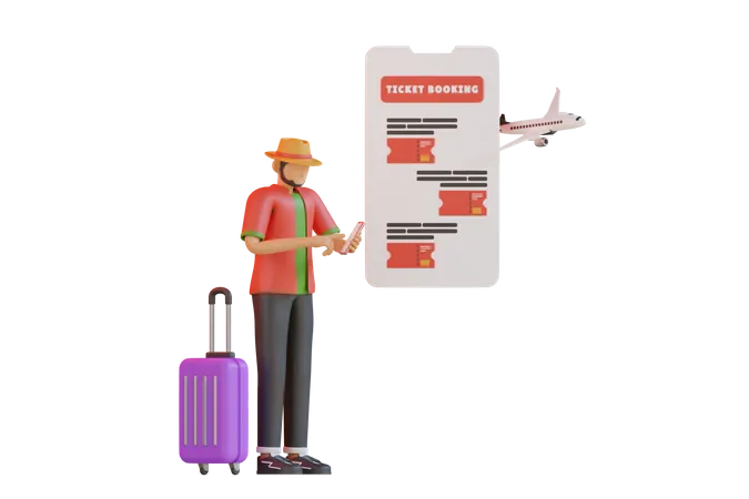 Homme réservant un billet de voyage en ligne  3D Illustration