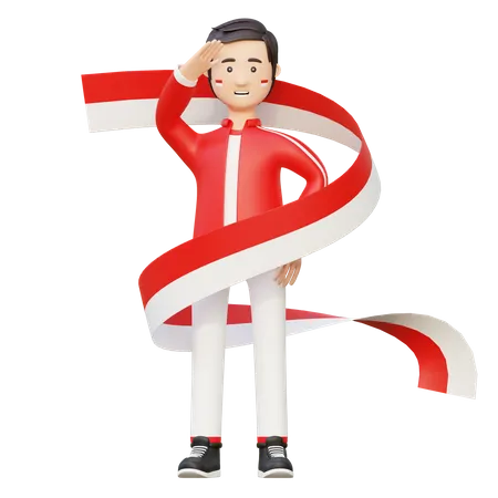 Homme saluant le drapeau de l'indonésie  3D Illustration