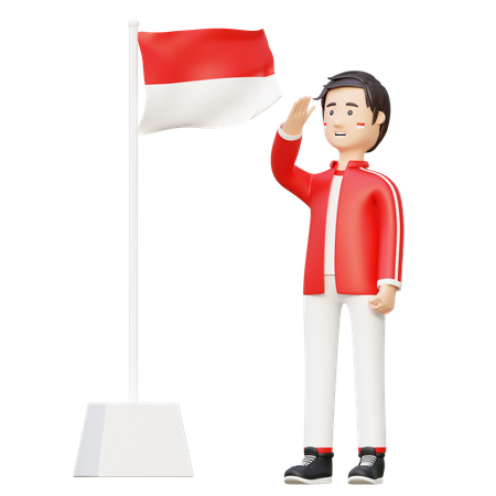 Homme saluant le drapeau de l'indonésie  3D Illustration
