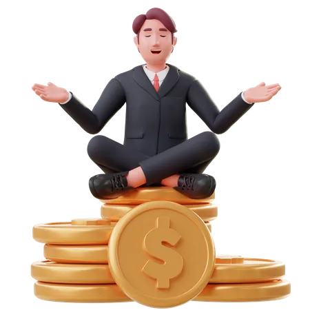Un homme s'assoit sur une pile d'argent et atteint la liberté financière  3D Illustration