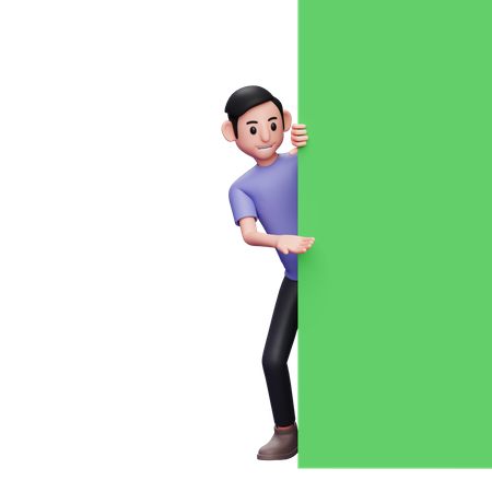 Homme se cachant derrière un panneau publicitaire vierge  3D Icon