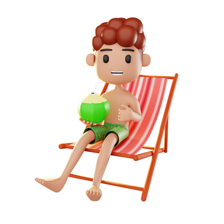 Homme se relaxant sur la plage, buvant de l'eau de coco  3D Illustration