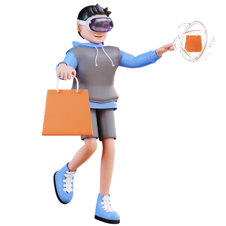 Homme faisant du shopping en utilisant la réalité virtuelle  3D Illustration