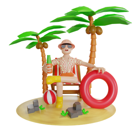 Homme assis sur l'île sur la terrasse de la plage  3D Illustration