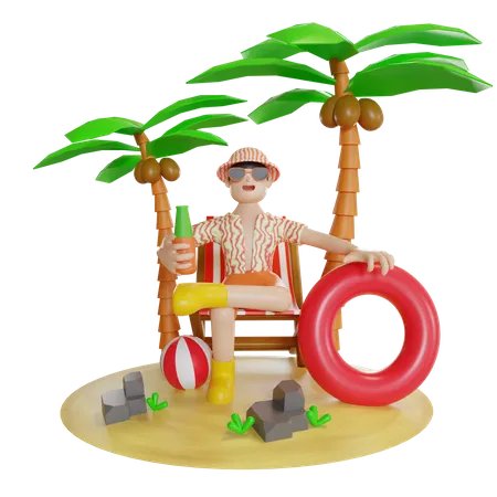Homme assis sur l'île sur la terrasse de la plage  3D Illustration