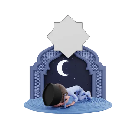 Homme se prosternant et faisant la prière du Ramadan  3D Illustration