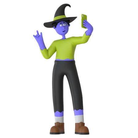 Sorcier prenant un selfie en costume Personnages capturant des souvenirs avec des selfies dans leurs costumes effrayants  3D Illustration