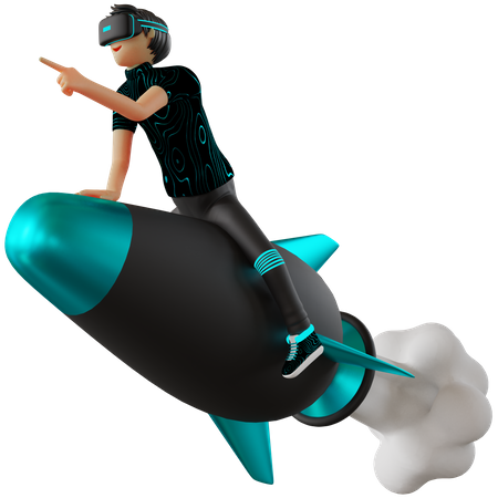 Homme chevauchant une fusée dans le métaverse  3D Illustration