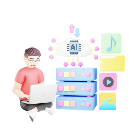 Homme téléchargeant et téléchargeant des données sur AI Cloud  3D Icon