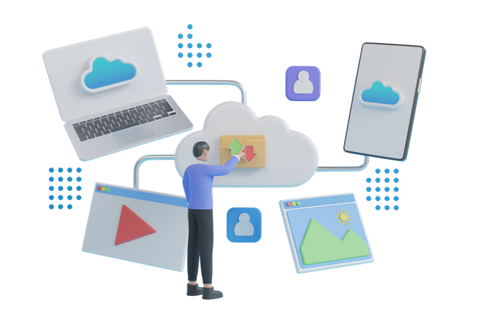 Homme téléversant et téléchargeant des données en ligne sur le stockage Cloud  3D Icon