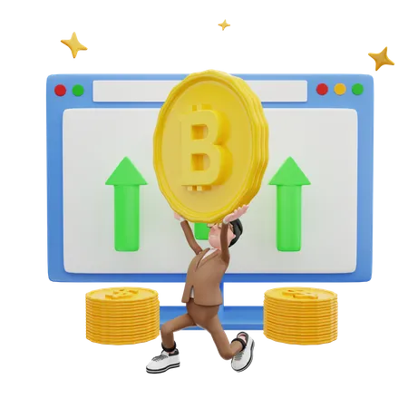 Homme tenant un bitcoin  3D Illustration
