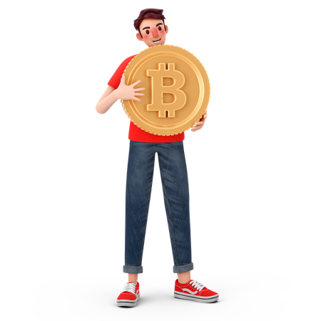 Homme tenant un bitcoin  3D Illustration