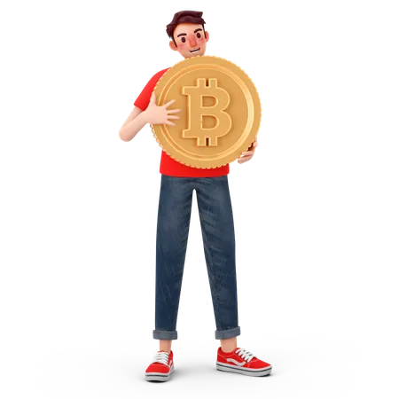 Homme tenant un bitcoin  3D Illustration