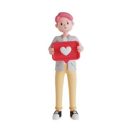 Homme tenant une pancarte coeur  3D Illustration