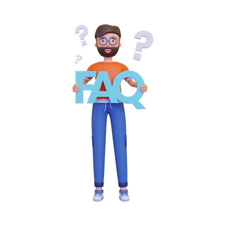 Homme tenant une bannière FAQ  3D Illustration